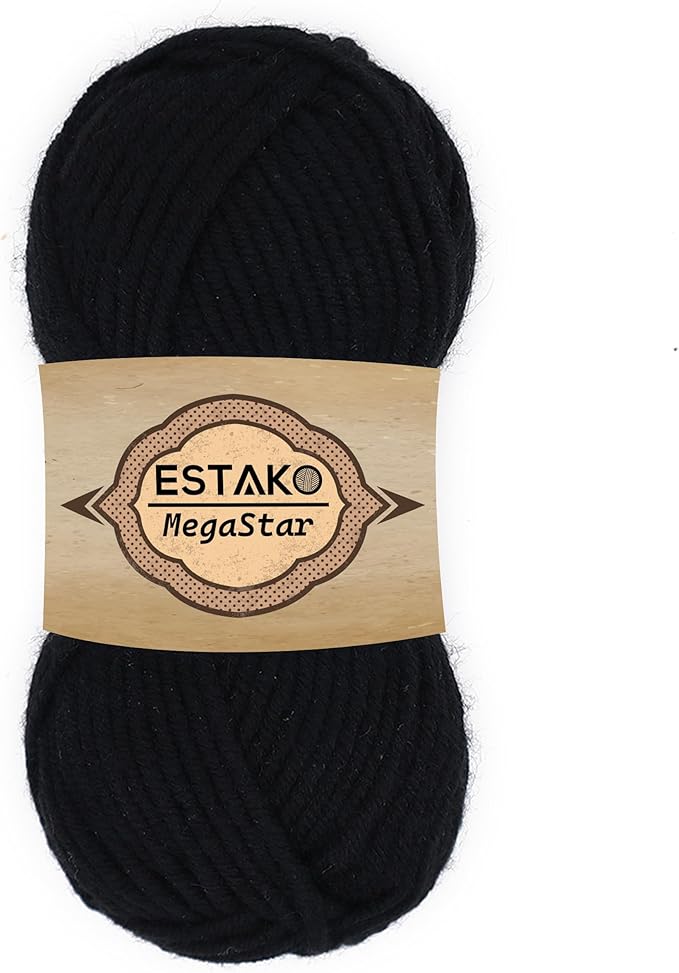 Estako Megastar, 75% Acrylic 25% Wool Yarn, Soft, Chunky Bulky Weight #5 for Crochet and Knitting 3.52 Oz (100g) / 120 Yrds (110m) (60978 - Black)