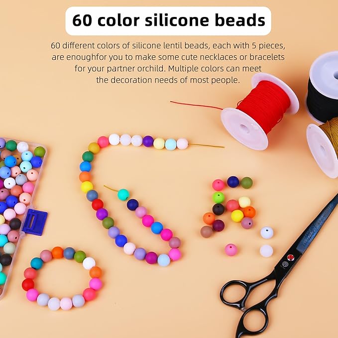 300pcs Silicone Beads for Keychain Making Kit 60 Colors Focal Rubber Round Mixed Color Silicone Beads Bulk for Pens, DIY Keychain,Necklace Bracelet Making Kit, Jewelry,Art Crafts