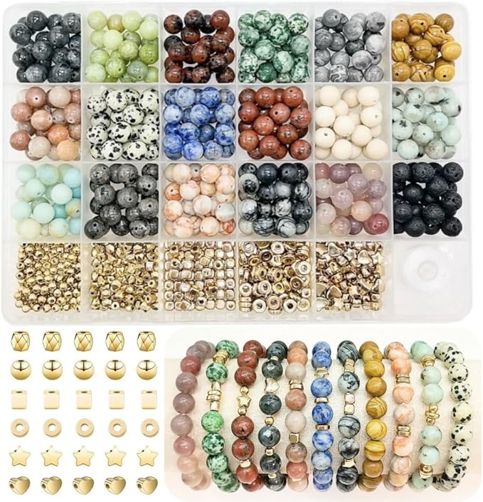 Jewelry Making Supplies Kits Natural Stone Beads Round Gemstone Beading with Spacer for DIY Craft Bracelet Necklace Earrings for Adults (8mm)
