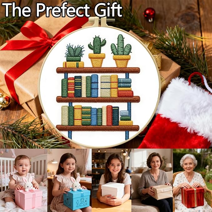Zhenqing 4 Bookshelf Scenes Embroidery Kit for Beginners, Pre-Printed 29x29cm Circular Cotton Fabric Set with 20cm Hoop, Reading & Library Themed Designs for Home Decor (C0226)