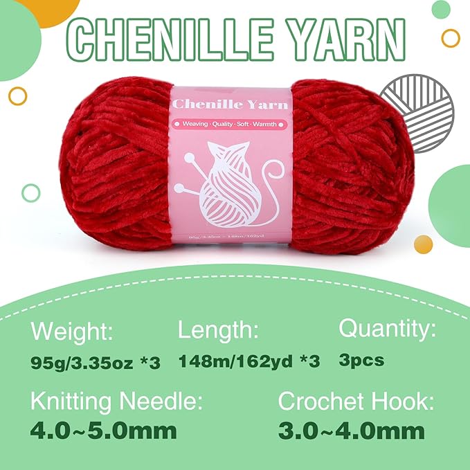 LUNARM Chenille Velvet Yarn for Crocheting & Knitting - Soft, Big Eye Needles - 3 * 3.35oz, 3 * 162yds (Red)