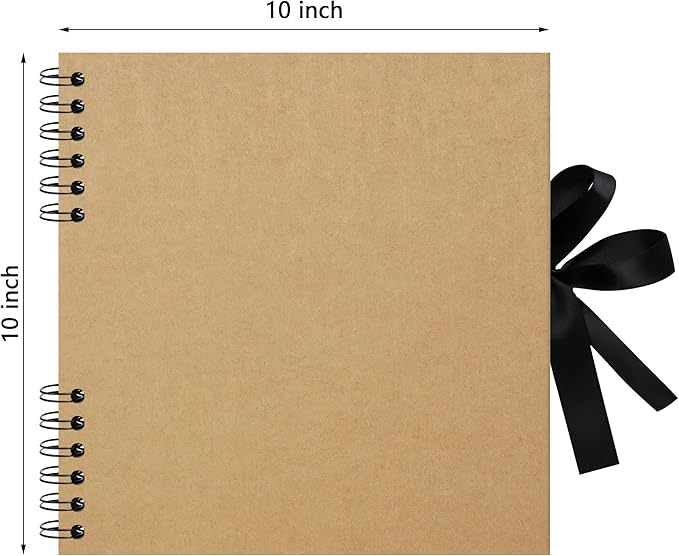 10×10 inch Scrapbook Photo Album DIY Picture Book 40 Pages, Thick Kraft Paper Scrap Book Album with Silk Ribbon Wedding Guest Book Memory Book for Baby, Family, Travel (Khaki)