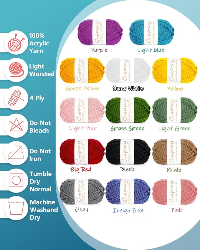 Coopay Yarn for Crocheting & Knitting, 25gx14 Colors Crochet Yarn 1071yd Acrylic Yarns for Crochet Animal Kit, Multicolor Kit 4ply Soft Yarns Set for Beginners/Professionals