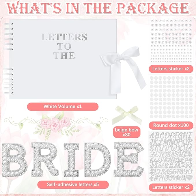 Fuyoooo 11.5 x 8.5 Inch Letters to The Bride Scrapbook Wedding Memory Book Bridal DIY Blank Paper Scrapbook Photo Album Guest Book Sign with Pearl Stickers, Metallic Letters, Bows (White)