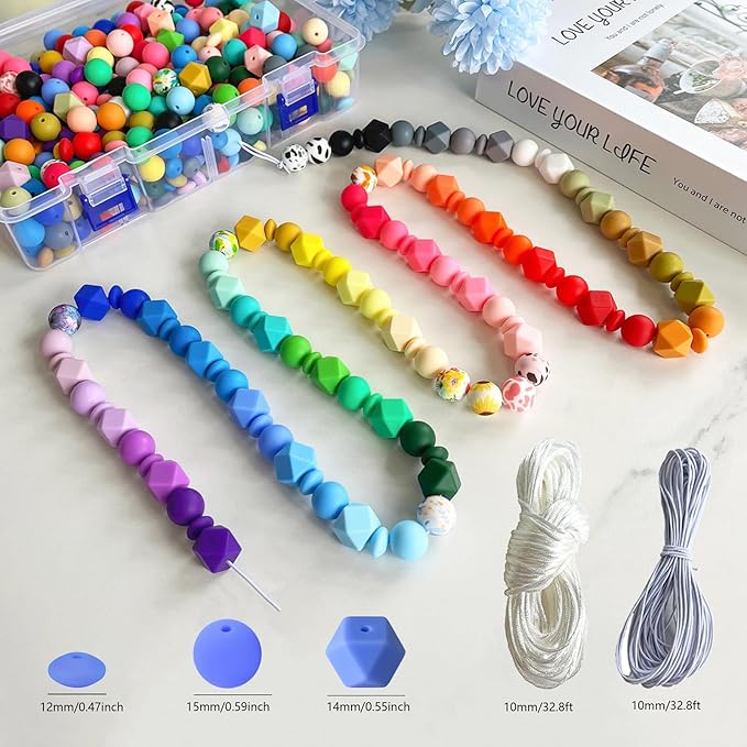 630pcs Silicone Beads for Keychain Making, 12mm 15mm Round 14mm Polygonal Bead 48 Colors Bulk Rubber Loose Beads for DIY Pens Necklace Bracelet Jewelry Making Kit