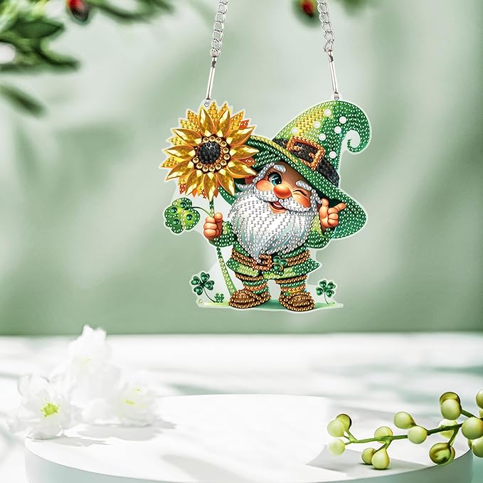 AiYuanzsh Diamond Art Painting Pendant Kits St Patrick's Day Gnome 5D Diamond Painting Art Hanging Kit DIY Diamond Crystal Window Pendant Kit for Adults Gift Wall Home Decoration