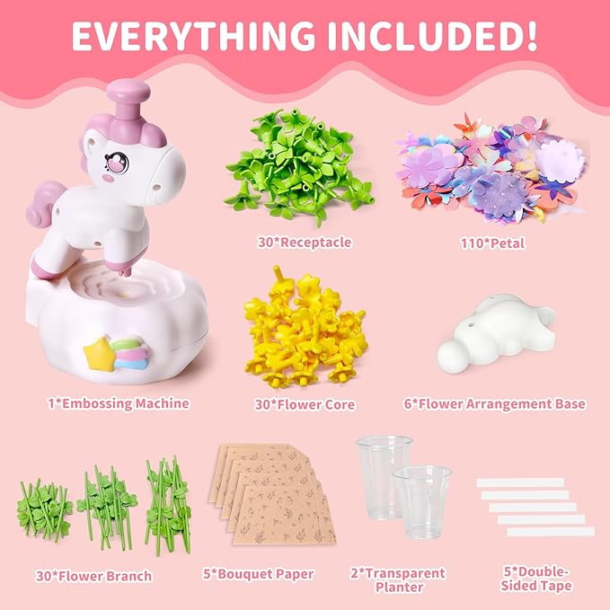 risuntoy kids flower press kit-diy fabric flower craft kits with 110 petals 30 centers stems buds,5 wraps & tapes,stem bouquet toys compatible with flower maker,christmas birthday gifts for kids 3+