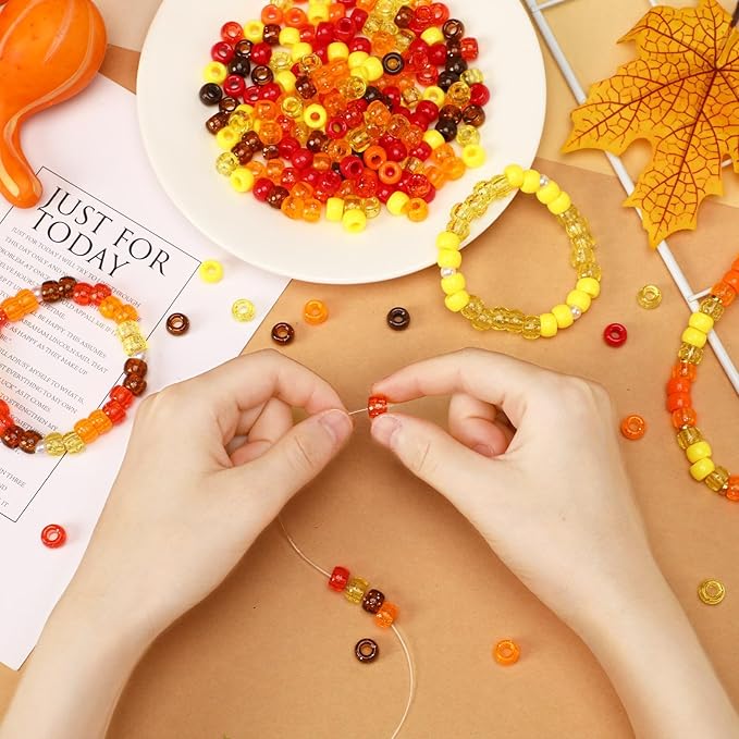 UPINS 1200 Pcs Fall Pony Beads,Autumn Thanksgiving Pony Beads for Jewelry Making Yellow Orange Red Brown for Hair Necklace Bracelets Crafts Supplies