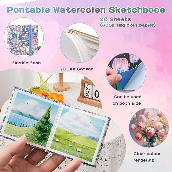 Mini Travel Watercolor Paint Set - Wooden Palette Box with 8 Colors Watercolor Paint, 300GSM Watercolor Notebook, Water Brush Pen & Clip, Pocket Watercolor Kit Mini Paint Set for Adults Artists Students Beginners