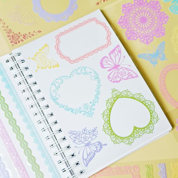 130 Pcs Lace Scrapbook Stickers - Colorful Butterfly & Feather Embellishments for Journaling, Wedding Albums, DIY Crafts, Scrapbooking Supplies & Bullet Journal Decor