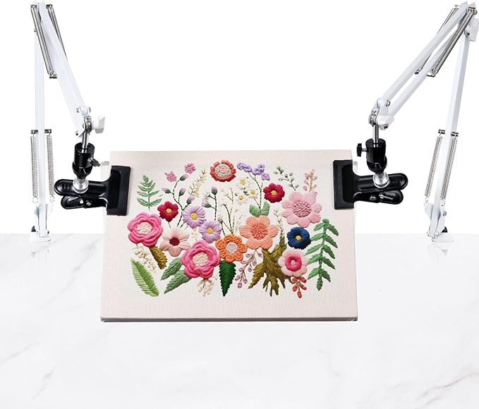 2 sets adjustable embroidery hoops stand for hand work,white cross stitch frame with 360° rotation,needlework frame, embroidery stand suitable for embroidery kit,hoop/tablet/phone holder desk stand