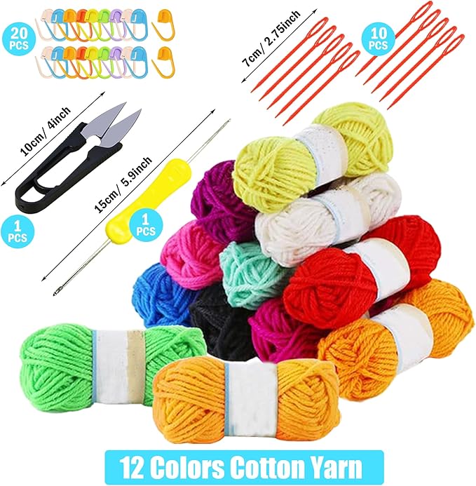 Allazone 58 PCS Clear Plastic Mesh Canvas Sheets for Embroidery, Plastic Mesh Sheets Plastic Canvas with 12 Color Acrylic Yarn for DIY Sewing Bag