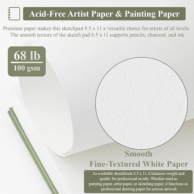 sketch book 8.5"x11", spiral sketchbook pack of 2, sufly 200 sheets (68 lb/100gsm) acid free sketch pads for drawing for adults spiral bound with hard cover for kids & adults, 100 sheets each