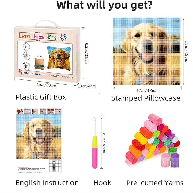 DIY Latch Hook Pillow Kits Golden Retriever Dog Printed Pillowcase Crochet Yarns Hooking Handmade Pillow Cover Cushion for Home Sofa Decoration 17x17inch-1