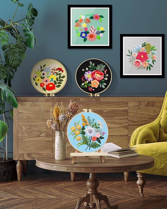 TINDTOP 5 Sets Embroidery Kit for Adults, Floral Embroidery Practice Kit for Beginners Include Embroidery Cloth Hoops Threads for Craft Lover Hand Stitch
