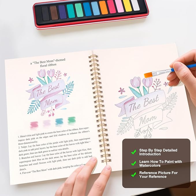 Metyond Mother's Day Watercolor Workbook for Adults - Watercolor Coloring Book with 1 Workbook 12 Colors Paint Set with Brush, Beginner Friendly Watercolor Workbooks Set Mother's Day Gift