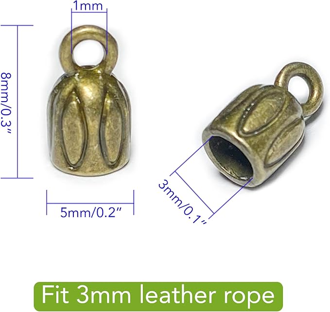 Bronze Barrel End Caps 110 pcs 3mm Leather Cord End Cap for Jewelry Making Small End Cap with Loop Finding Kit for Leather Tassels Bracelet DIY Craft Making Supplies