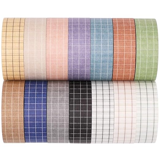 Knaid Grid Washi Tape Set, 14 Rolls of 15 mm Wide Decorative Colored Masking Tapes for Scrapbooking, DIY Decor and Crafts, Bullet Journals, Planners, Junk Journal, Gift Wrapping