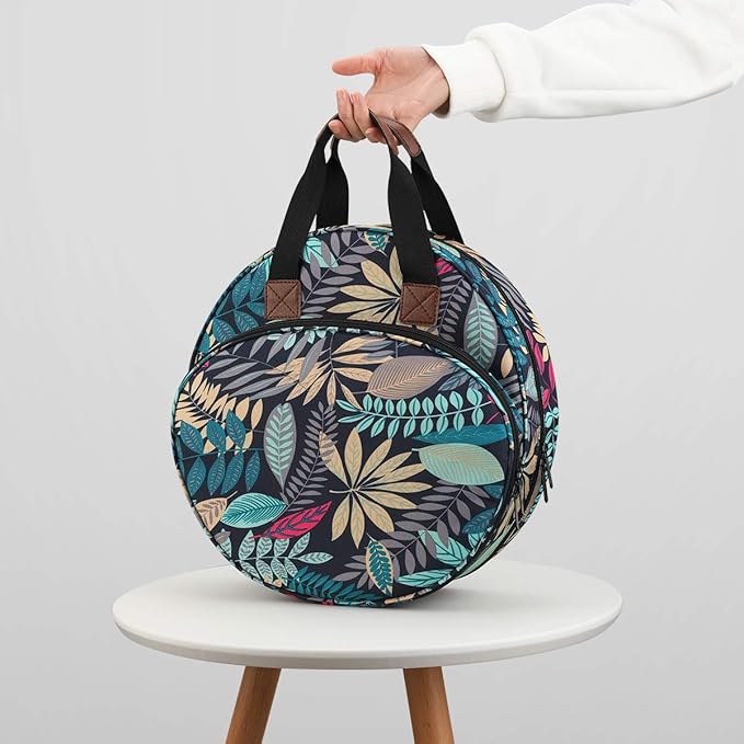 Shinyzone Cross Stitch Storage Bag with Leaf Print, Embroidery Projects Organiser, Sewing Crafts Storage Tote with Zipper Pockets for Embroidery Hoops, Charts and Threads