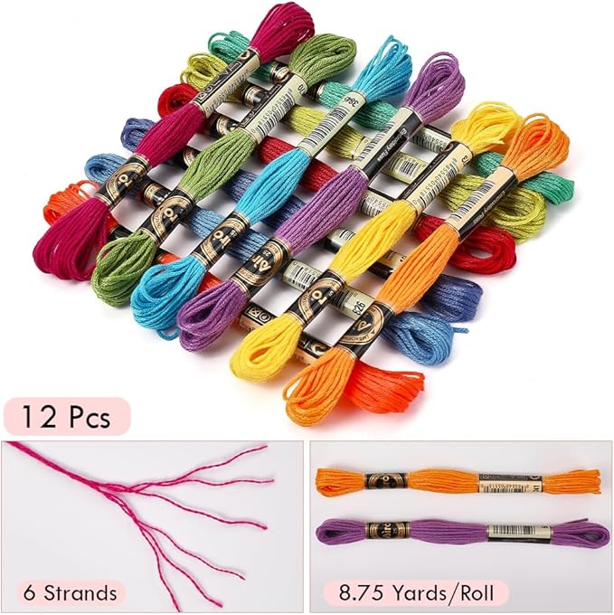 12 Skeins Colorful Embroidery Thread Variegated Floss 6 Strands Rainbow Cross Stitch Friendship Bracelet String Polyester Threads for Jewelry Making Sewing Bracelet Knit Stitching Crafts Diy