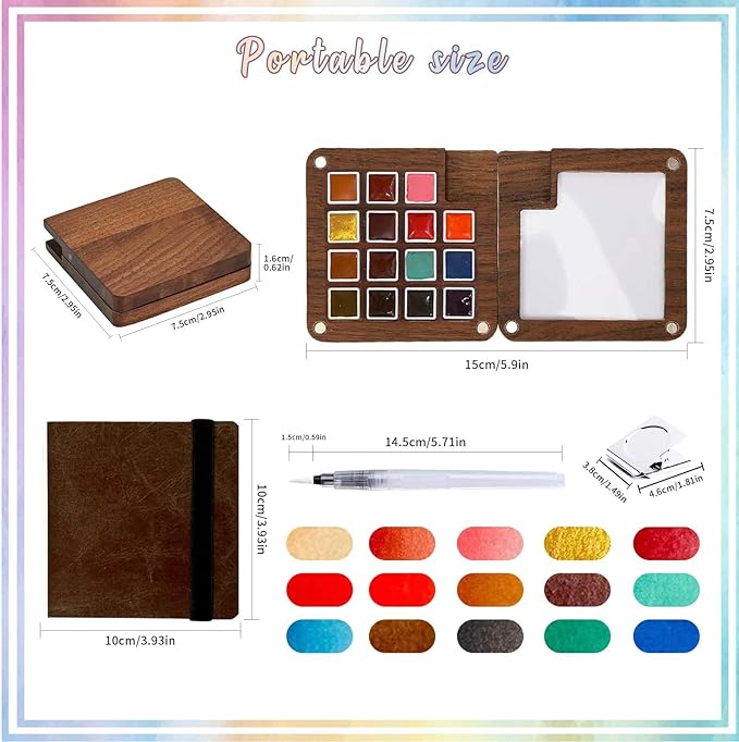 Mini Paint Palette Travel Kit - Mini Travel Watercolor Palette Set, Pocket Artist Water Color Travel Set with Colours, Watercolor Book, Binder Clips, Pens,Wooden Paint Box for Painters Artists Student