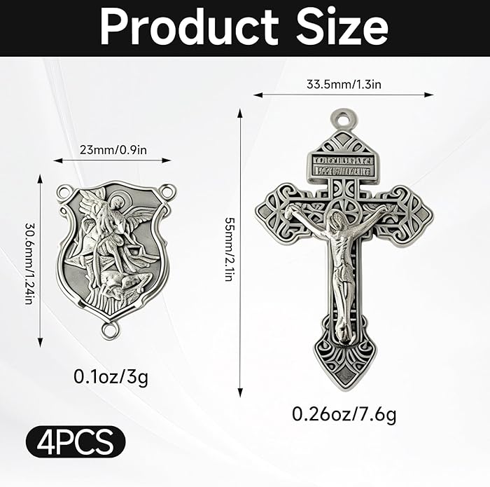 4 Sets Saint Michael Medals & Pardon Crucifix for DIY Rosary Making,Silver Religious Centerpiece Charms for Bracelets/Keychains & Catholic Craft Supplies,St Michael Rosary Making Kit
