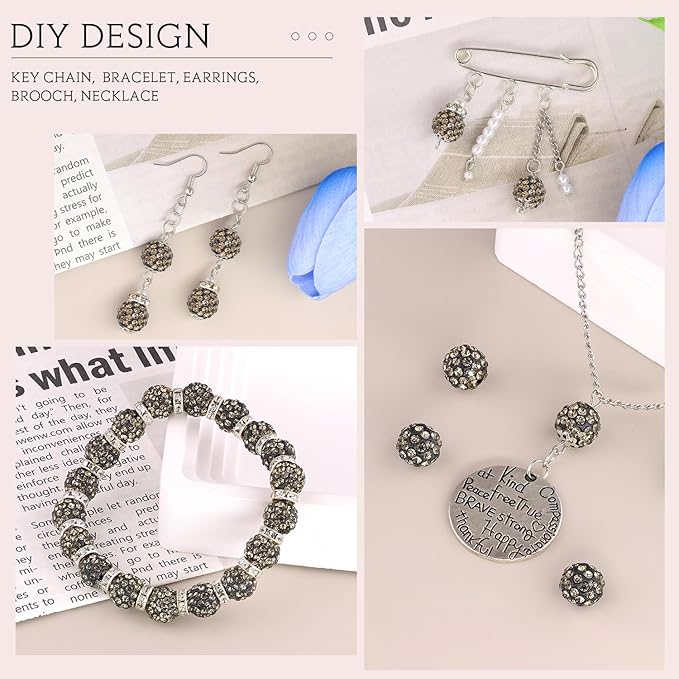 100pcs 10mm Rhinestone Beads for Jewelry Making, Gray Shiny Round Shamballa Disco Ball Beads Bulk, Sparkle Crystal Clay Christmas for Bracelet Baseball Necklace Earring Crafting and DIY