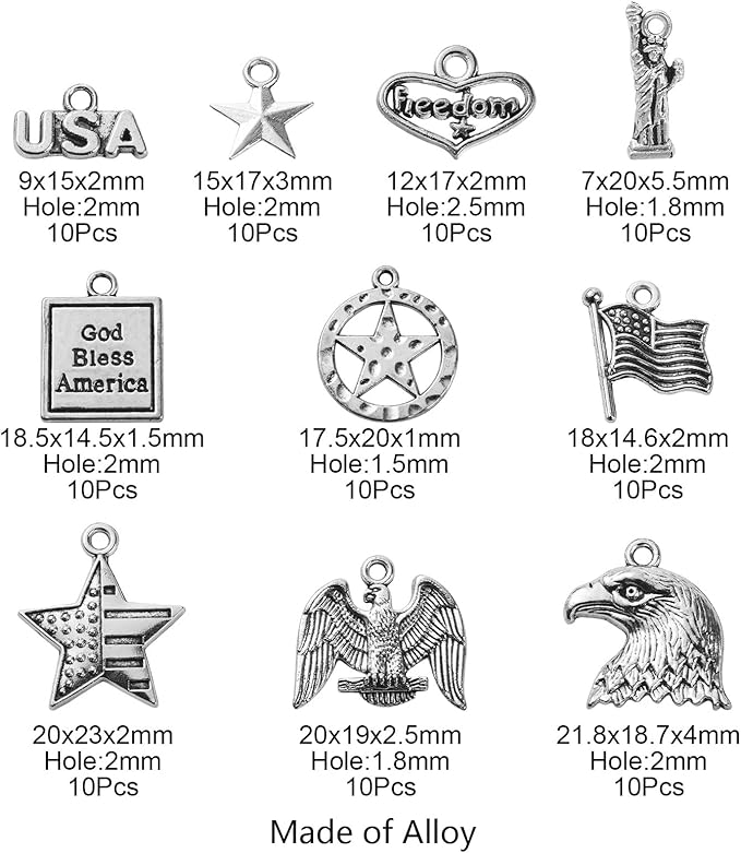 DanLingJewelry 100Pcs 10 Styles Patriotic Charms - Independence Day, Eagle, Flag, Statue of Liberty for Jewelry Making