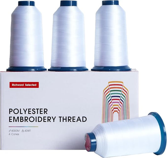 Poolin White Embroidery Thread, Huge Spool Richword Selected 4 Rolls 4000M(4374Y) 40WT Polyester Thread for All Embroidery Machines