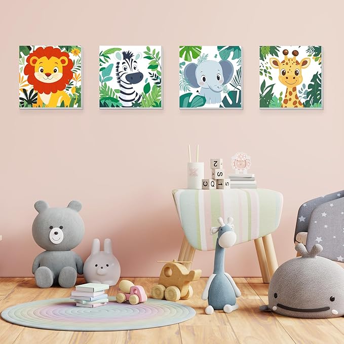 KEYIFA 4 Pack Paint by Numbers Kids Kit with Frame, Easy Animal Painting Kits for Adult Beginners, Plants Acrylic Painting on Framed Canvas for Home Decor Gift, 8x8 in (Lion+Zebra+Elephant+Giraffe)