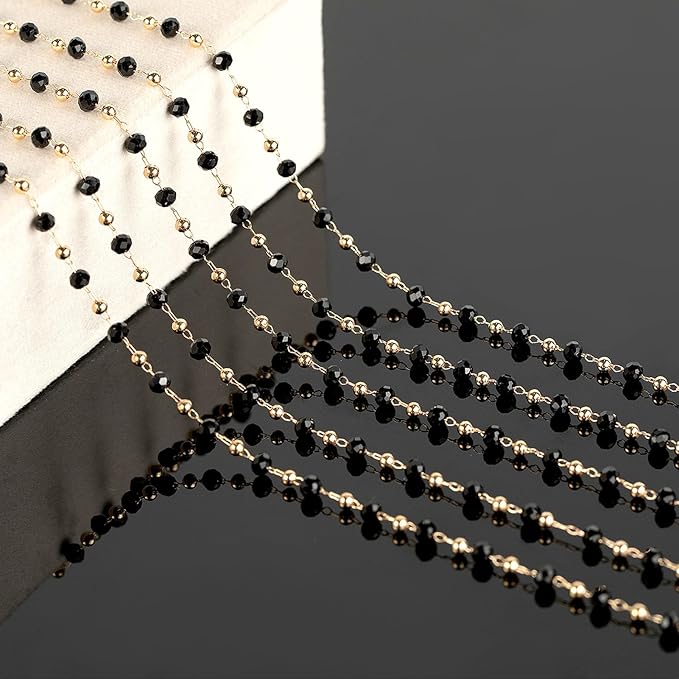 KYUNHOO 16.4 Feet Black Beaded Chain for Jewelry Making Gold Plated Brass Rosary Chain on Spool with Lobster Claps and Jump Rings for Women Necklace Bracelet Craft DIY