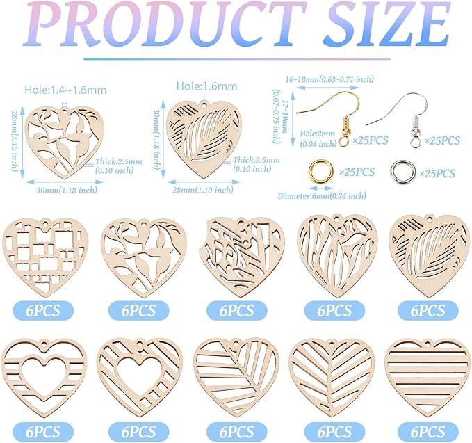 Elecrelive 60pcs Heart Wooden Earring Charms Heart Filigree Earring Making Kit with Ear Wires Jump Rings for Valentine's Day DIY Necklace Jewelry Making