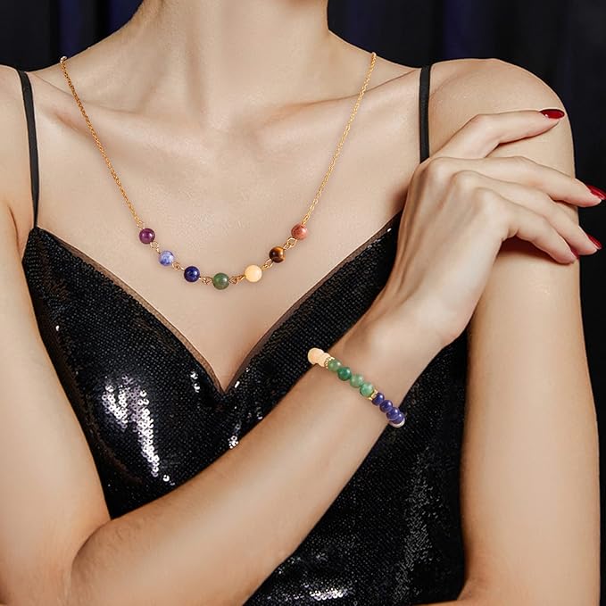 140 Pcs 7 Chakra Natural Stone Beads Round Beads Color DIY Smooth Stone Bead Kit Crystal Energy Healing Bulk Bead Charm for Jewelry Making Bracelet Necklace Earrings (8MM, 7 Chakra Stone)