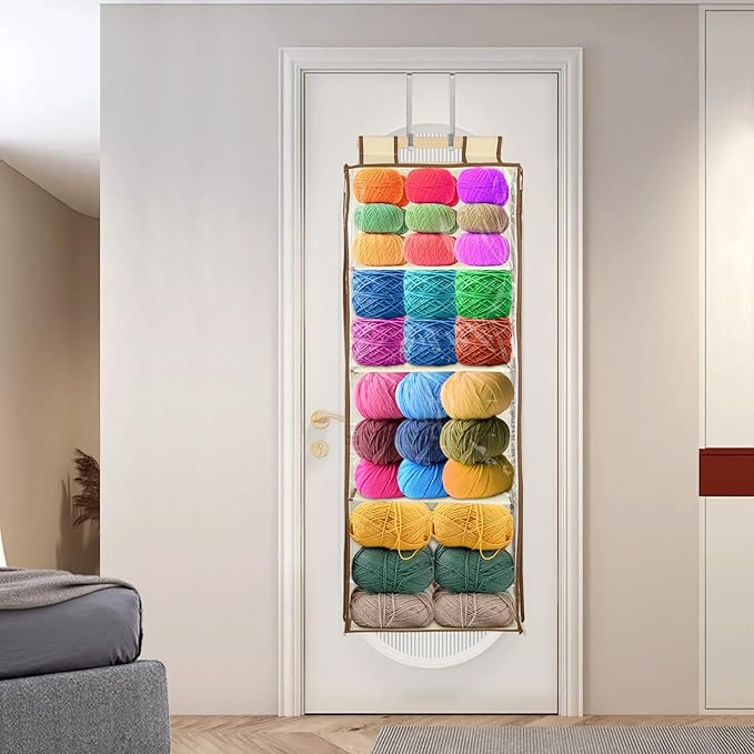 Clear Hanging Yarn Storage with 4 Large Pockets, 48"x17" Clear Knitting Organizer Storage with Zippers for Crochet Lovers, Hanging Yarn Holder with Over-Door Hooks for Knitting Needles Crochet Hooks