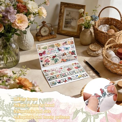 Washi Tape Set 20 Rolls Vintage Washi Tape Self-Adhesive Floral Tape Scrapbook Paper Tape Floral Patterns Decorative Tape for Scrapbook Journal DIY Craft Scrapbooking Journal Supplies Gift Wrapping