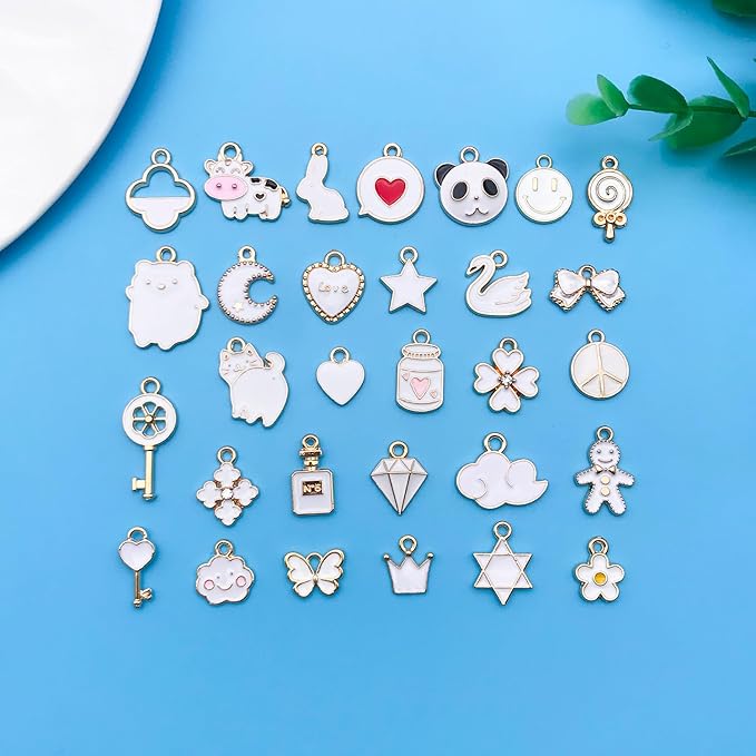 Youdiyla 60pcs Alloy enamel white series fixed set Pendant Jewelry Making DIY Keychain Earrings Pendant Various Design Charms for Jewelry Making Bracelets Necklace (HK548)