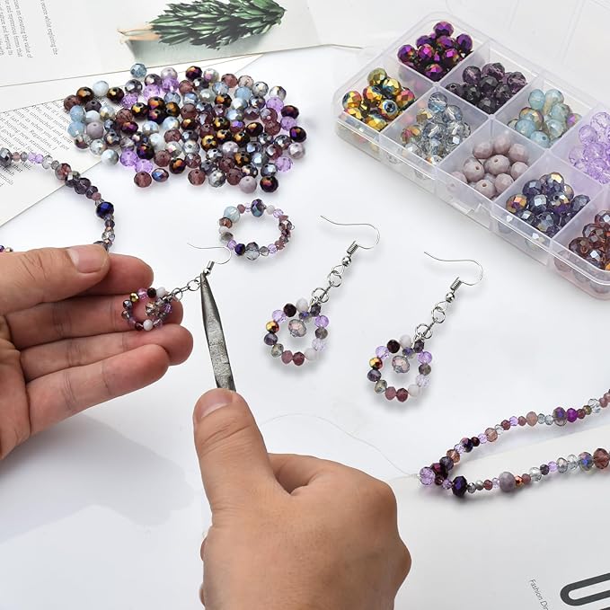 200pcs 8MM Faceted Rondelle Glass Beads for Jewelry Making, Briolette Crystal Glass Beads Plated Round Loose Spacer Beads for DIY Supplies Bracelets Necklaces Earrings (Purple)