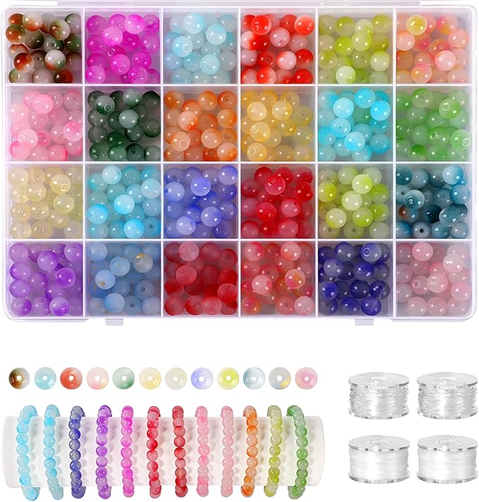 408 Pcs 8mm Glass Beads for Jewelry Making, 24 Colors Crystal Beads Bracelet Making Kit for DIY Crafts