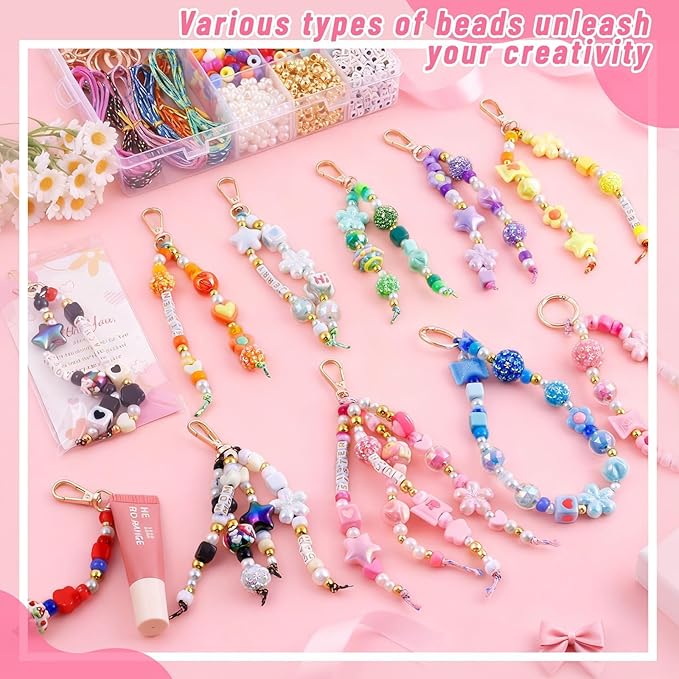 Wurosi 865 Pcs Bead Keychain Kit, DIY Bead Keychain Making Kit, Bag Charm Kit with Acrylic Heart Flower Alphabet Beads Key Chain Supplies for Jewerly Making Kit