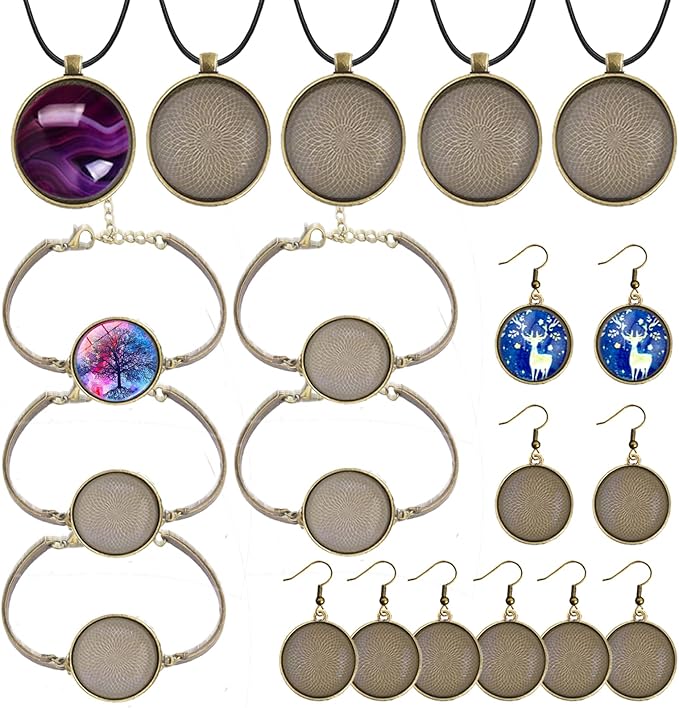 Pendant Trays Kit with Cabochon Glass, Round Pendant Bezel Blank Trays, Bracelet Bangles Earrings Hooks Blanks for DIY Photo Crafts Jewelry Making