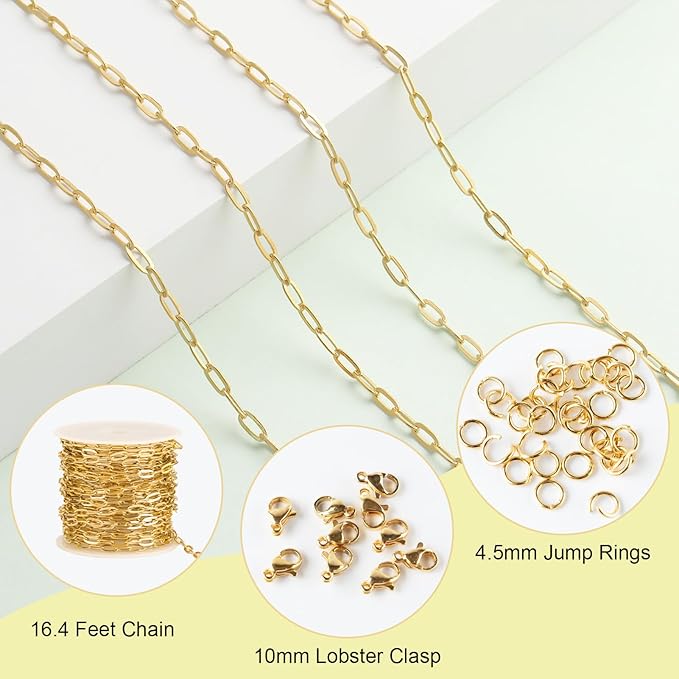 SMYHTGLIF 5 Meters Gold Stainless Steel Chain for Jewelry Making Paperclip Cable Craft Jewelry Making Chains Necklace Bracelet Jewelry Chain Findings