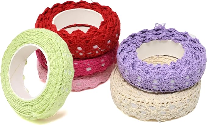 Honbay 6 Rolls of Lace Tapes Fabric Trim Decorative Tapes Lace Pattern Self-Adhesive Tapes Washi Tape Masking Tape for Scrapbook Drawers Cups Books Hats Bags Crafts - 6 Colors, 16mm x 2yards (B)