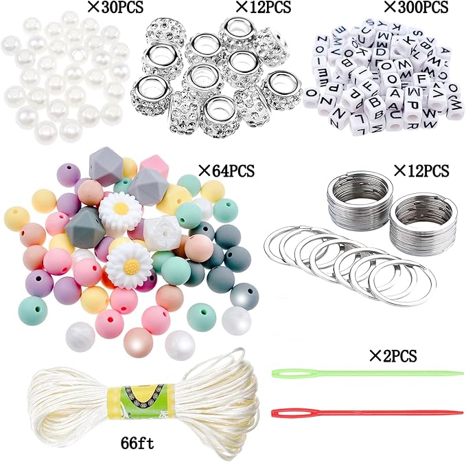 418 Pcs DIY Bead Keychain Supplies Keychain Making Craft Alphabet Pearl Daisy Silicone Beads Rhinestones Jewelry Key Ring Phone charms Backpack Accessories Gifts for Friends Coworker Sister Mom