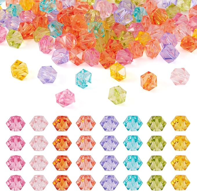 FASHEWELRY 100pcs Clear Acrylic Polygon Beads Colorful Faceted Polygon Loose Spacer Charms Bulk for Bracelet Necklace Earring Jewelry Making