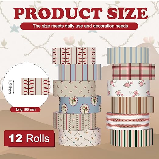 12 Rolls Watercolor Floral Washi Tape Set 15 mm Vintage Flower Decorative Masking Tape for Spring Arts DIY Craft Scrapbook Journal Supplies Gift Wrapping(Retro,Mixed Pattern)