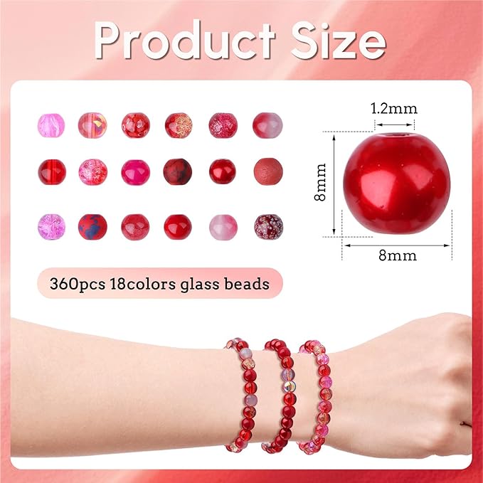 DUQGUHO 8mm Red Beads for Jewelry Making Red Glass Beads for Bracelets Crystal Glass Round Beads Bulk Bead Bracelet Kit 360PCS
