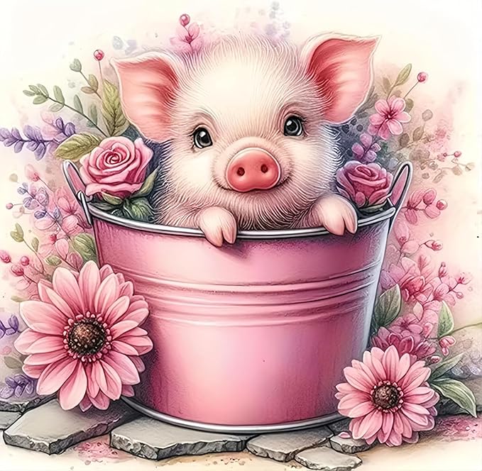 Cute Pig Stamped Cross Stitch Kits for Adults Beginner, Flowers Dimensions Needlepoint Art Crafts Embroidery Kits for Adults Beginners 13.7x13.7 inches