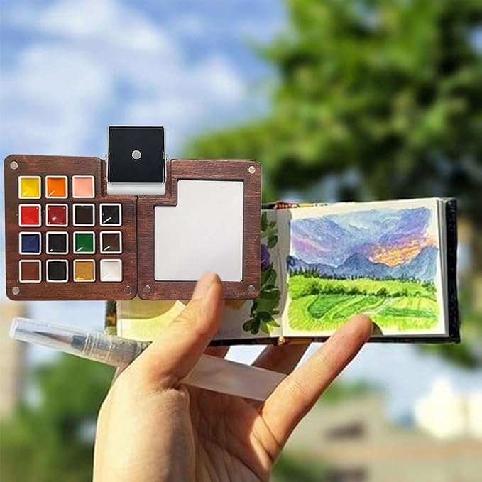 Mini Paint Palette Travel Kit - Mini Travel Watercolor Palette Set, Pocket Artist Water Color Travel Set with Colours, Binder Clips, Watercolor Pens, Wooden Paint Box for Painters Artists Students