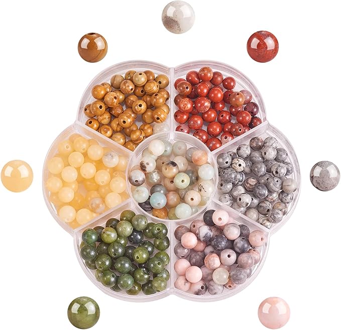 280 Pcs 7 Styles Natural Gem Beads Round Jasper Beads 6mm Mixed Bulk Beads Set Smooth Gem Spacer Bead Charm for Necklace Bracelet Jewelry Making (Hole 0.8~1mm) (6MM, 7 Colors Jasper Beads)