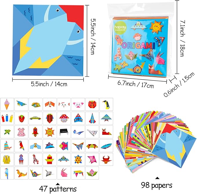 hapray Origami Kit for Kids Ages 5-8 8-12, with Guiding Book, 98 Sheets Paper with 47 Patterns, DIY Art and Craft Projects, Beginners Children's Day Gift Boy Girl